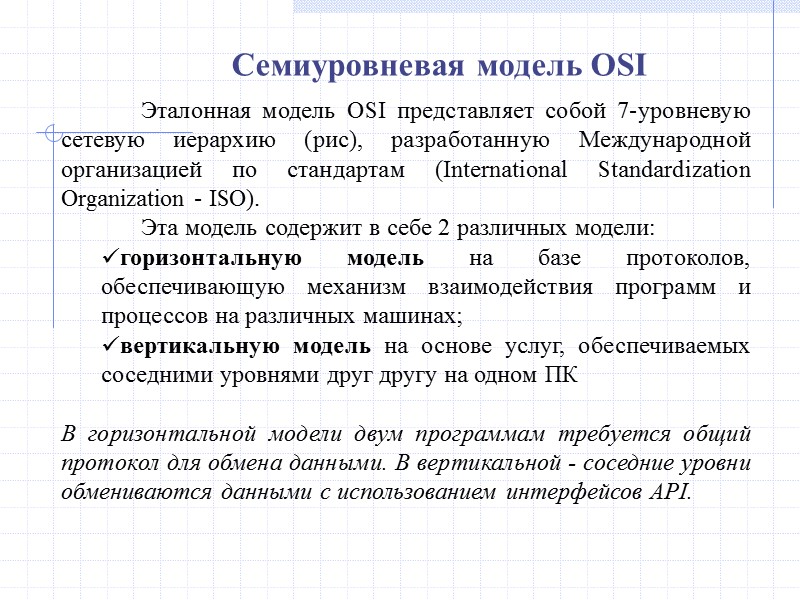 Семиуровневая модель OSI   Эталонная модель OSI представляет собой 7-уровневую сетевую иерархию (рис),